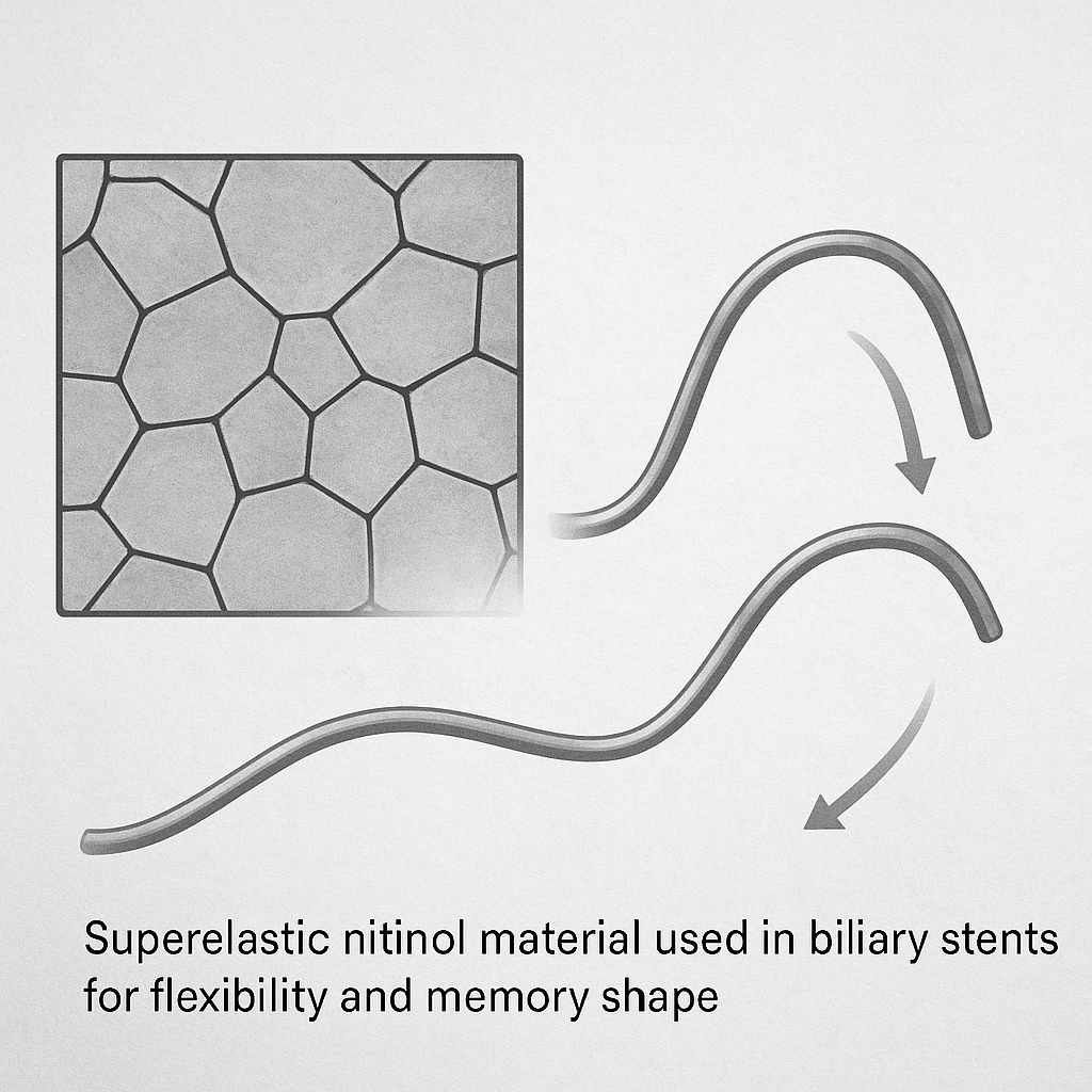 Superelastic nitinol material used in biliary stents for flexibility and memory shape